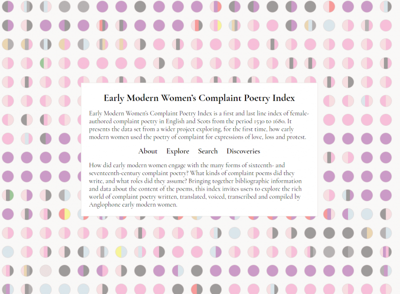 landing page for the Early Modern Women’s Complaint Poetry Index