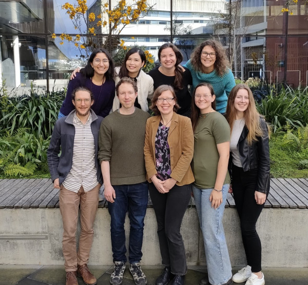 Dr Julie Deslippe and research group: Top (L to R): Indira Vanessa Gracia Leon, Su Min Yeoh, Stephanie Tomscha, Julie Deslippe. Bottom (L to R) Colan Balkwill, Jim DenUyl, Natascha Lewe, Janelle Veenendaal, Olivia Bird. Missing from the photo are Freya Newton and Kararaina Te Puni. Photo: Supplied
