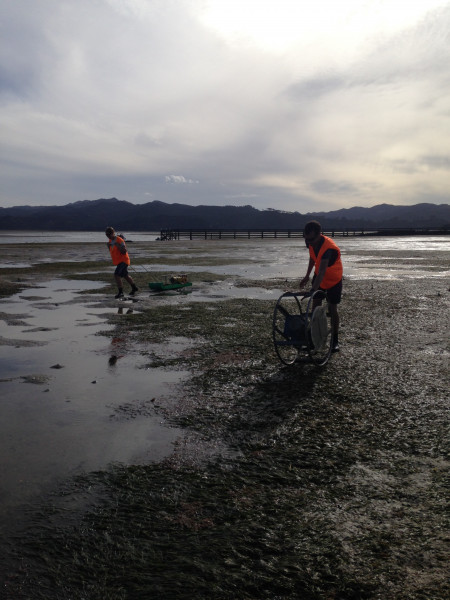 researchers moving scientific equipment across a mudflat at low tide